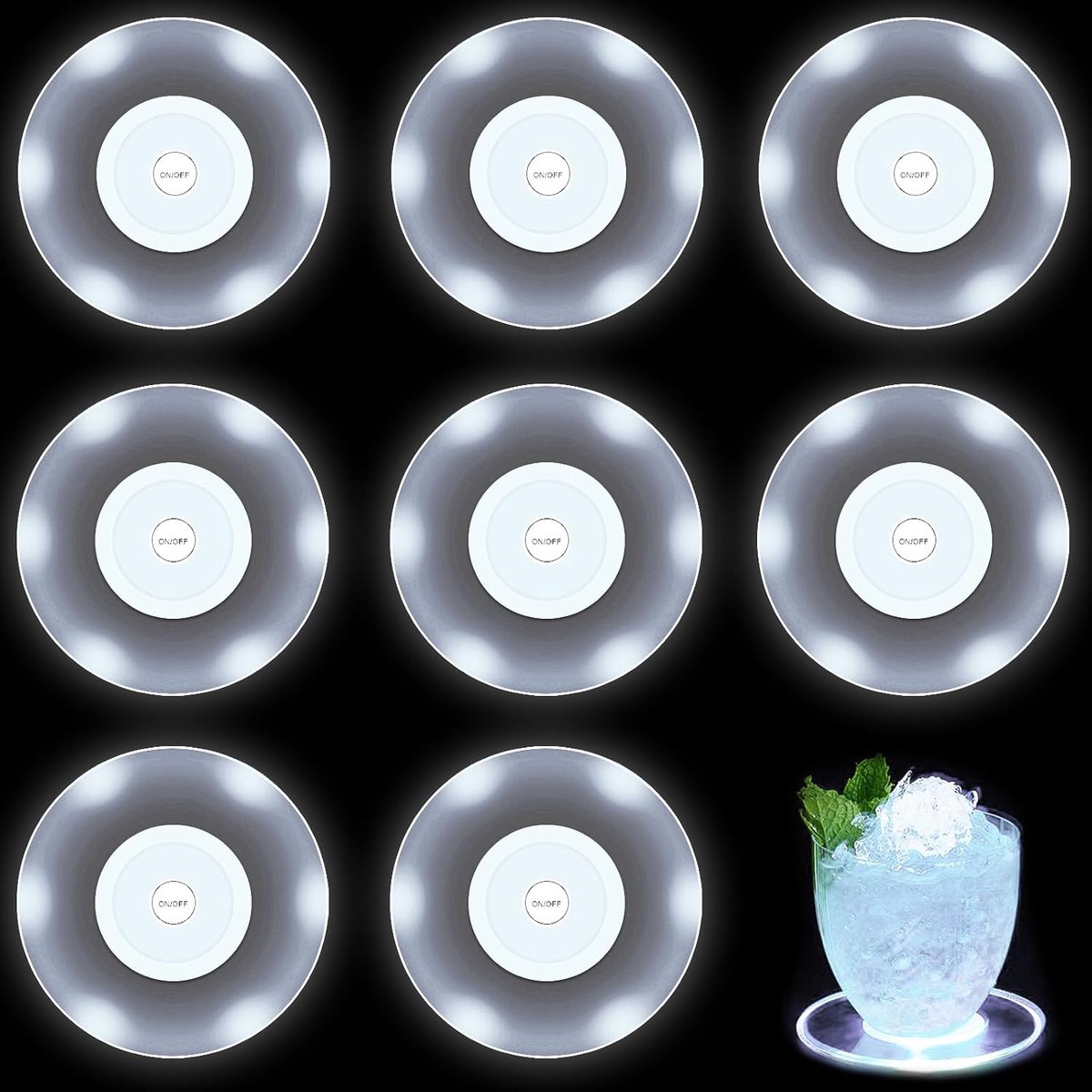 8 stuks led-onderzetters, kleurrijke led-onderzetters, lichtgevend, drankonderzetters, waterdichte lichtgevende onderzetters voor carnaval, feesten, bruiloften, bar, Kerstmis (wit)