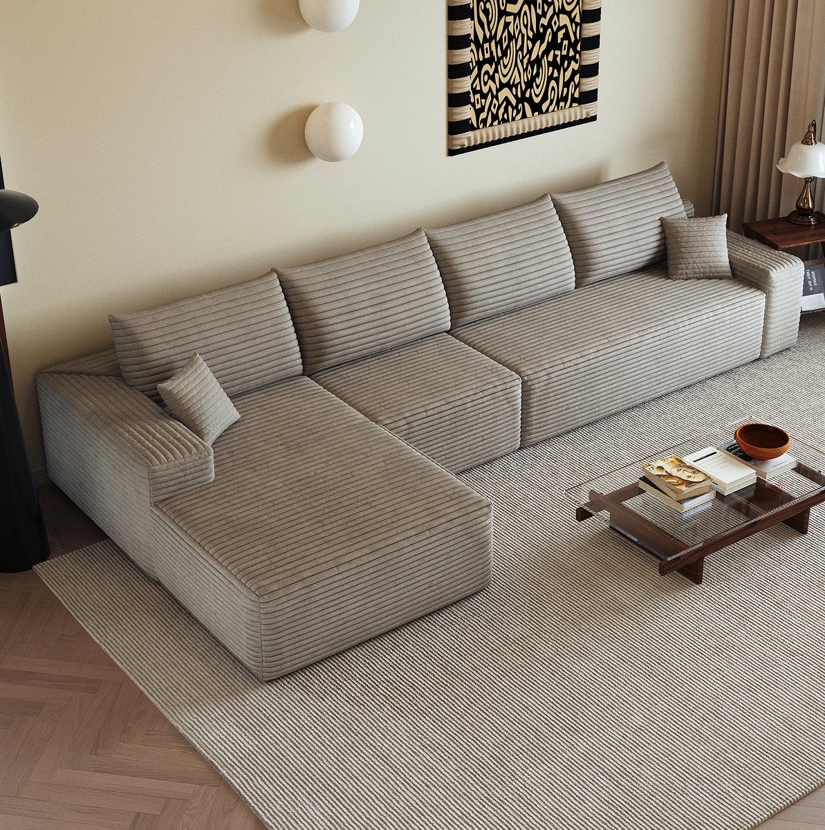 MODENUIT Hoekbank 340 cm - L-Vormige Chaise Longue - 4-Zits Voor Woonkamer - Stof - Camel - Zonder Montage