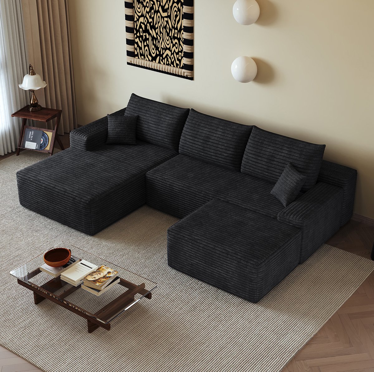 MODENUIT Hoekbank 270 cm - L-vormige Chaise Longue - Modulaire 4-Zits Voor Woonkamer - Stof - Zwart