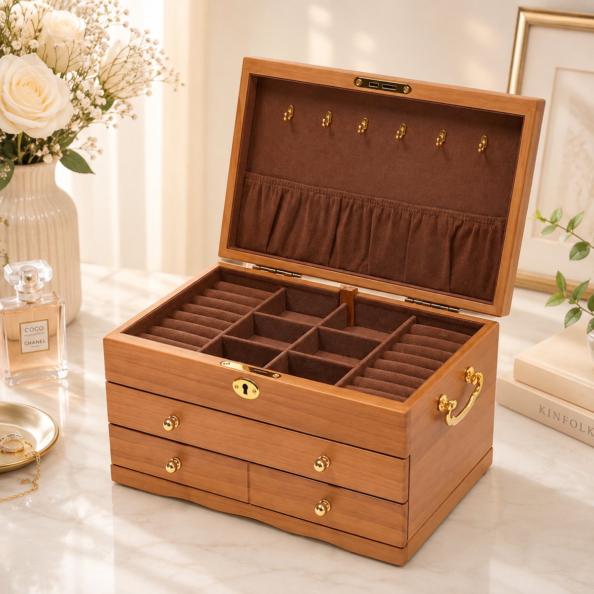 Sieradendoos merkloos met slot, 3 lagen, grote houten sieradenorganizer met spiegel en kettinghaken - Retro design