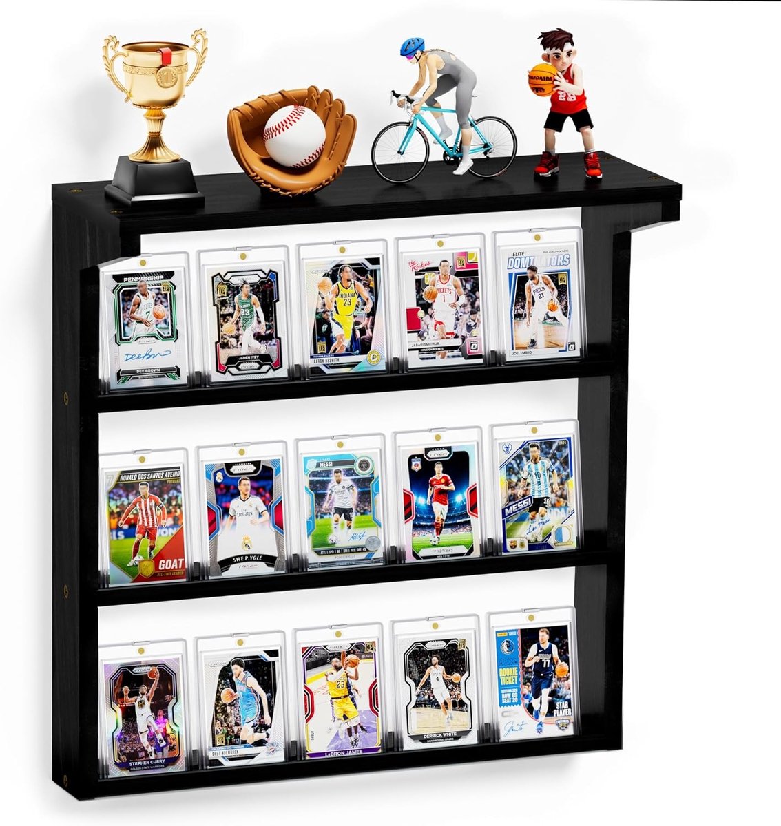 Drie-laags houten wanddisplay voor sportkaarten, ideaal voor baseball, basketball en football kaarten collectie