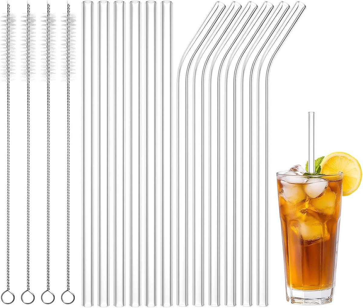 Herbruikbare glazen rietjes set van 12, met 6 gebogen en 6 rechte rietjes, inclusief 4 schoonmaakborstels, ideaal voor cocktails, sappen en dranken (0.8 × 20 cm)