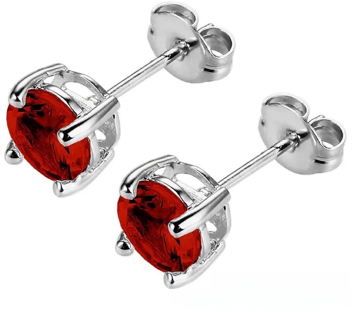 Stalen Ronde Oorstekers Zilverkleurig Zirkonia 6 mm –Robijn rood