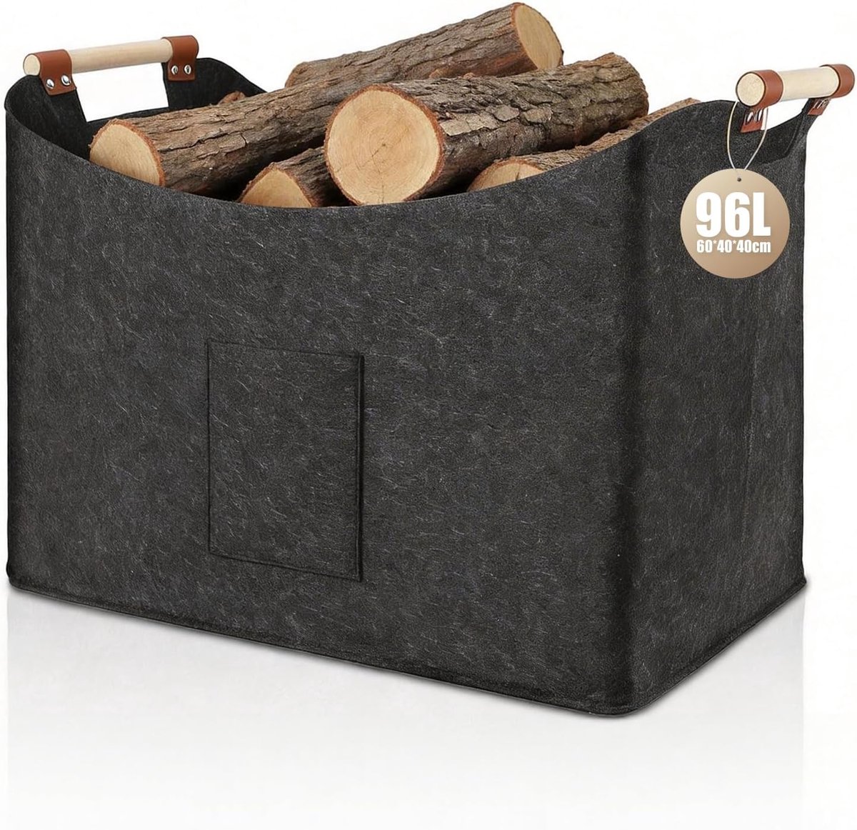 Extra Grote Haardhoutmand 96 Liter – Opvouwbare Brandhoutmand van Extra Dik Vilt – Houtmand met Houten Handgrepen – 60 x 40 x 40 cm – Zwart – Haardhoutopslag voor Open Haard en Houtkachel