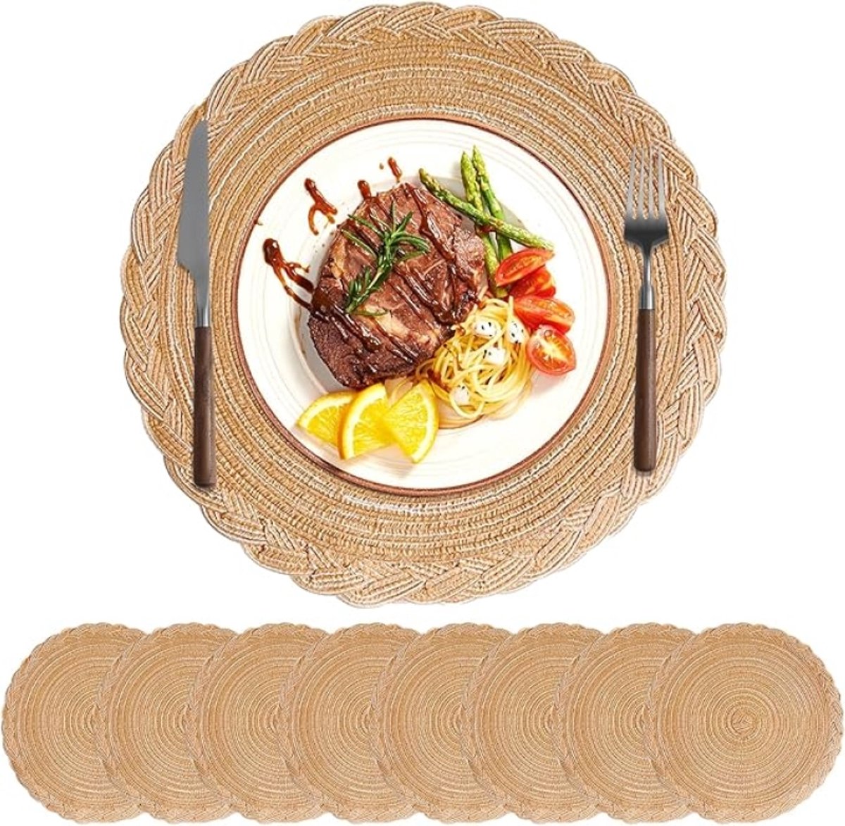 Ronde Placemat, wasbare placemats, boho gevlochten hittebestendige placemat, 38 cm, set van 8, bloemenrand, khaki