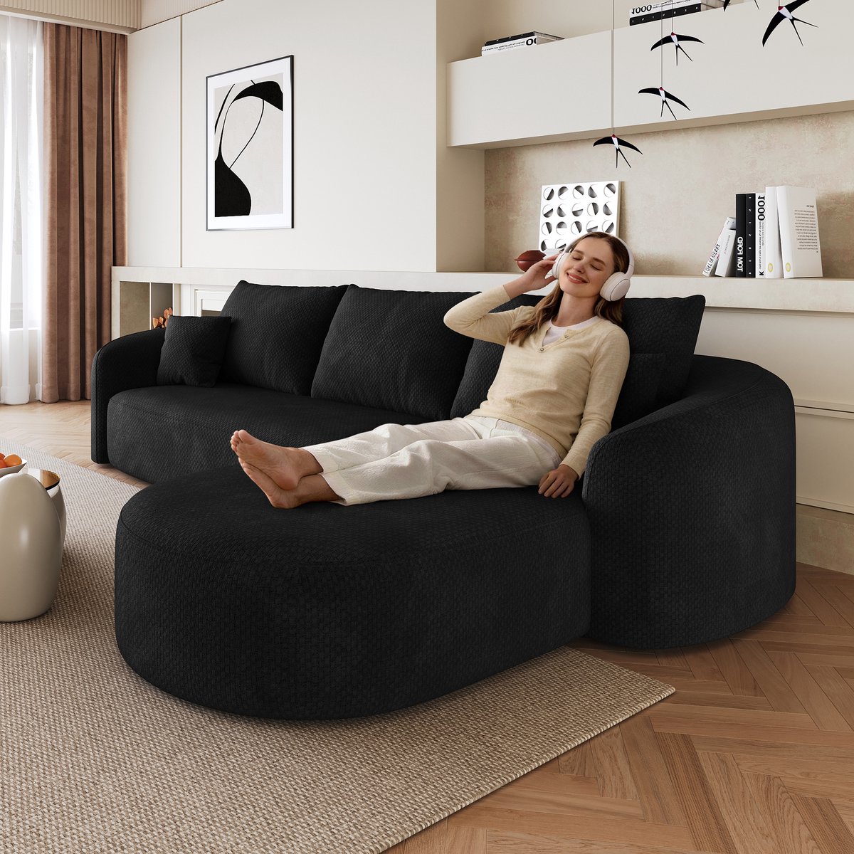 DESMIU Hoekbank 266 Cm - Modulaire L-Vormige Bank Zonder Montage - Voor Woonkamer, Slaapkamer En Appartement - Stof - Zwart