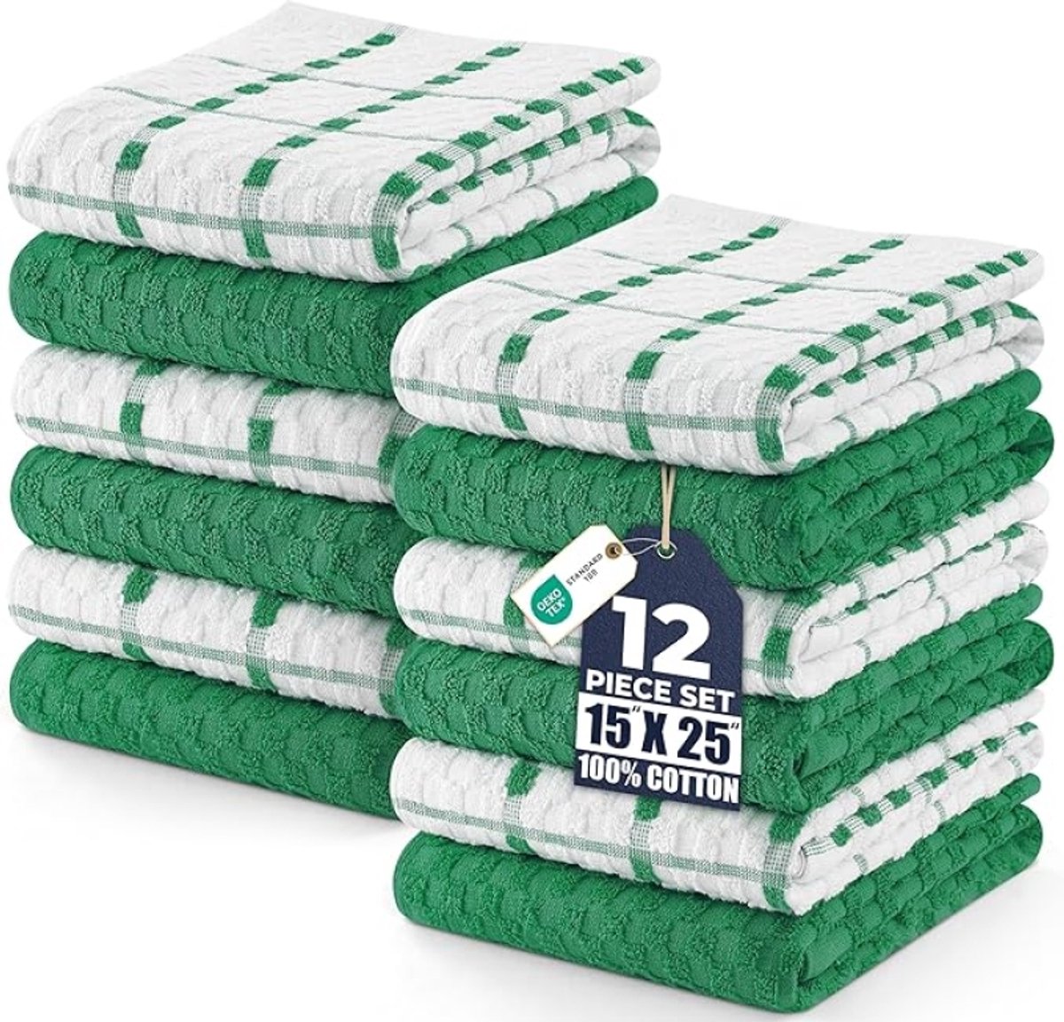 12 Keuken Handdoeken Set - 38 x 64 cm - 100% Ring Gesponnen Katoen - Superzacht en Absorberend - Schotelantennes, Theedoeken en Bar Handdoeken (Groen en Wit