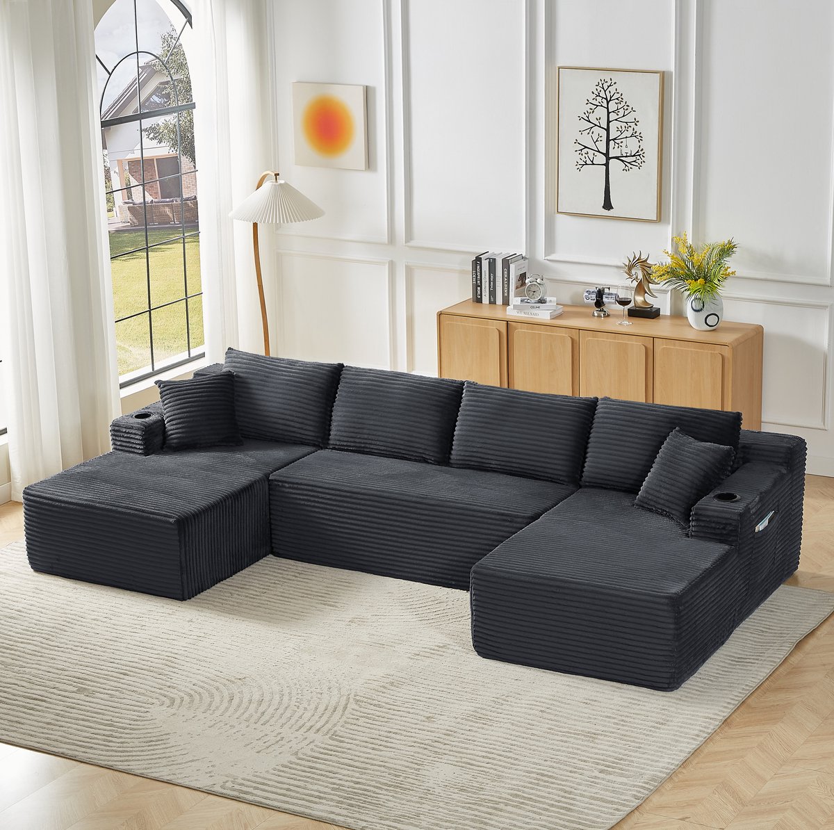 DESMIU Bank U-bank 6-Zits - Modulaire Zachte Zit Zonder Montage - Voor Woonkamer En Lounge - Corduroy - Donkergrijs