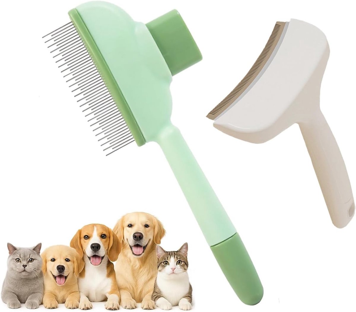 Kattenborstel set van 2, ondervachtborstel voor katten, dierenhaarverwijdering, efficiënt en eenvoudig met ontspanningsknop en één-klik reiniging, ideaal voor katten en honden