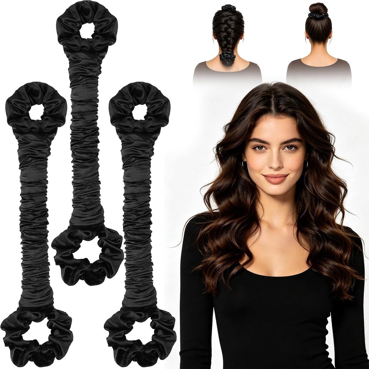 Krulband Set - Haarrollers - Zonder Hitte Krullen - Satijn Comfort - 3 Stuks - Zwart