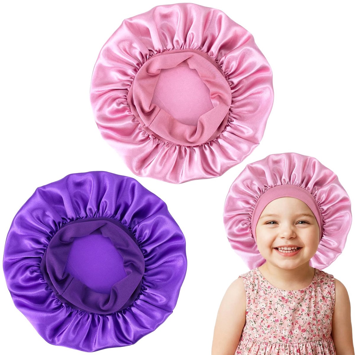 Kid bonnets voor meisjes - satijnen bonnets - paars, roze - comfortabel slapen - ShopVlot