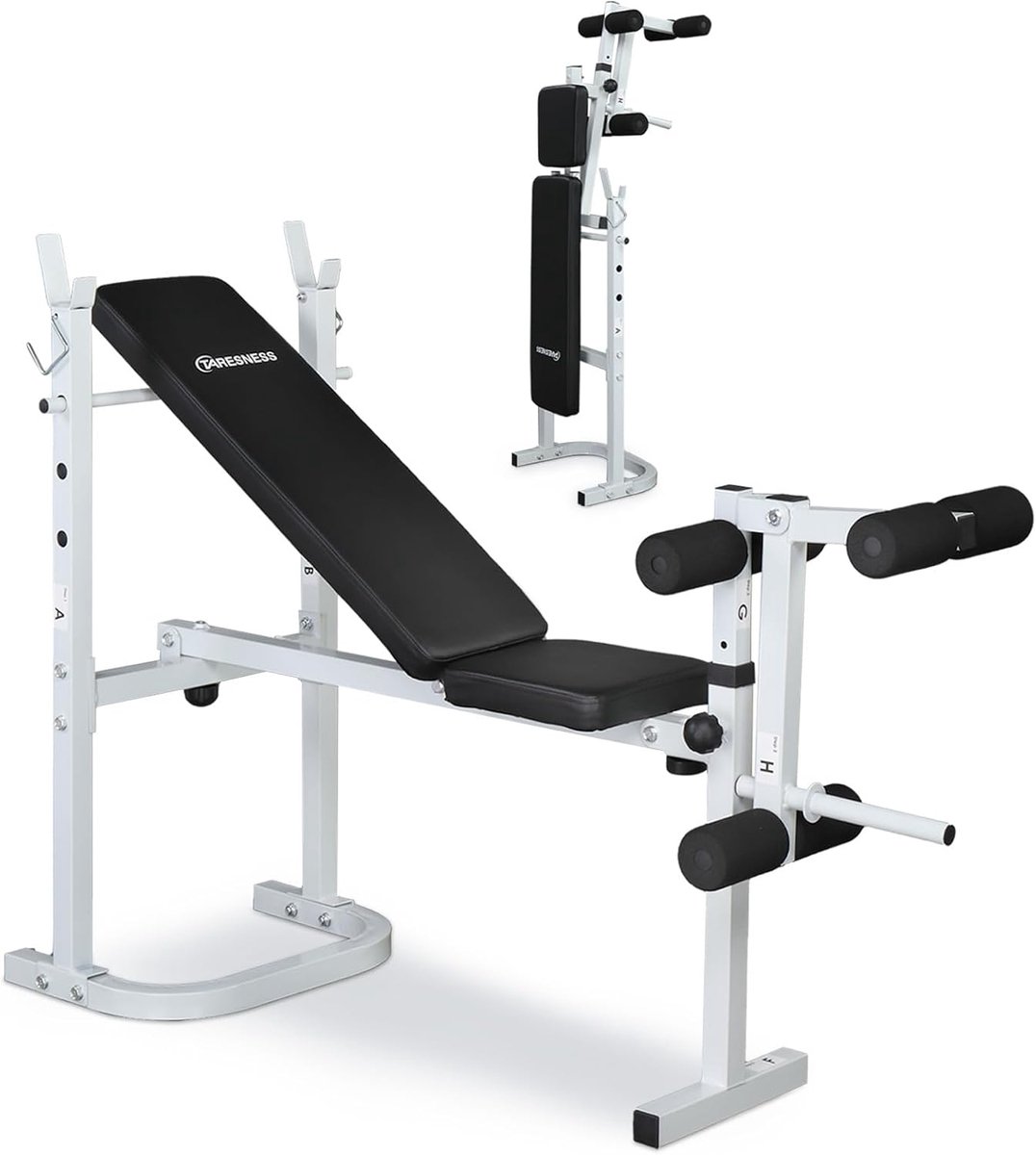 CINK & Co Halterbank 200 kg - Met Haltersteunen en Beenstrekker - Inklapbaar - 3 Verstelbare Rugstanden - Zwart en Wit - 103 x 30 x 92,5 cm