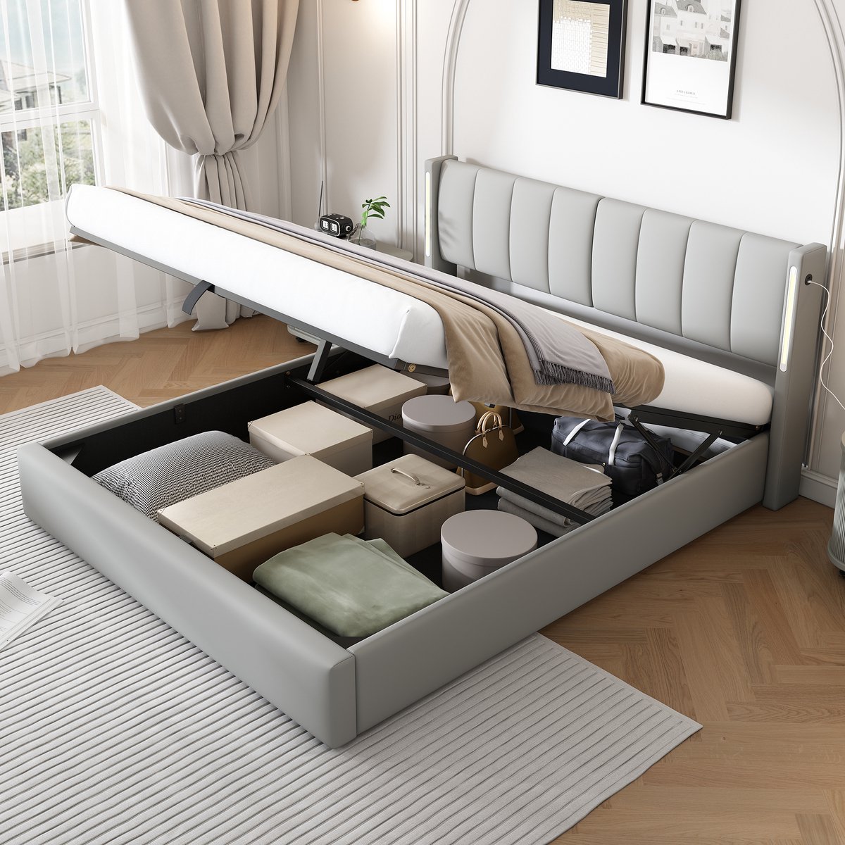 Wishdor Led-polsterbed 180x200 cm - Opbergbed met lattenbodem, ledverlichting en usb-oplaadpoort - Verstelbaar hoofdeinde - Kunstleer - Grijs - Voor volwassenen