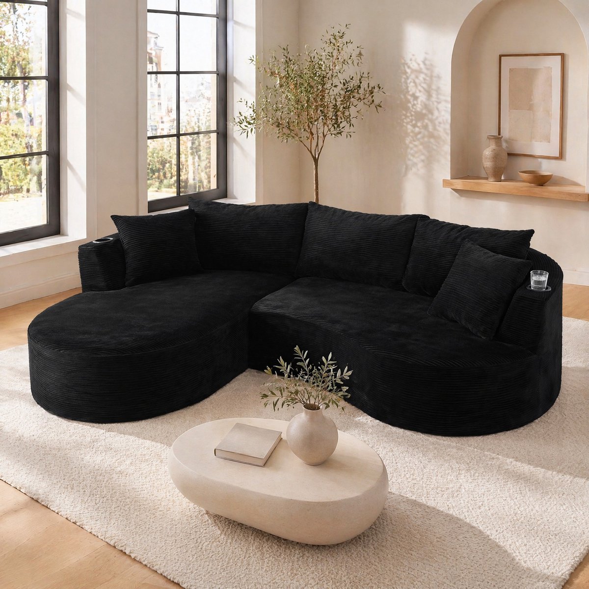 Wishdor Hoekbank met linkse chaise longue - 3-zits bank met drankhouder en kussens - Cordstof - Zwart - 264 x 168 x 76 cm - Voor woonkamer, hotel, appartement en kantoor