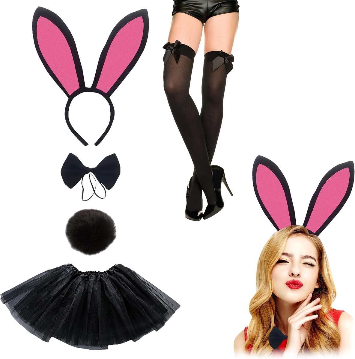 Vrouwelijk Konijn Kostuum met Oren, Staart en Tulle Rok - Compleet Met Fishnet Kousen voor Feestjes en Carnaval