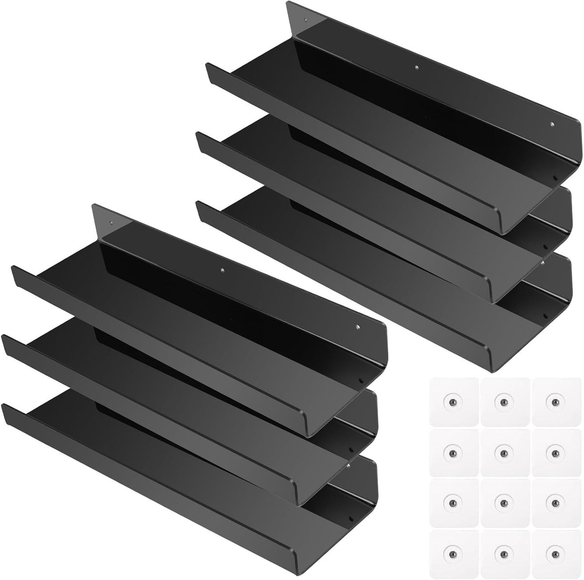 Zwevende Wandplank Set van 6 Stuks, 30 cm, Zwart Acryl, Geen Boren, Ideaal voor Woonkamer, Keuken en Badkamer Decoratie