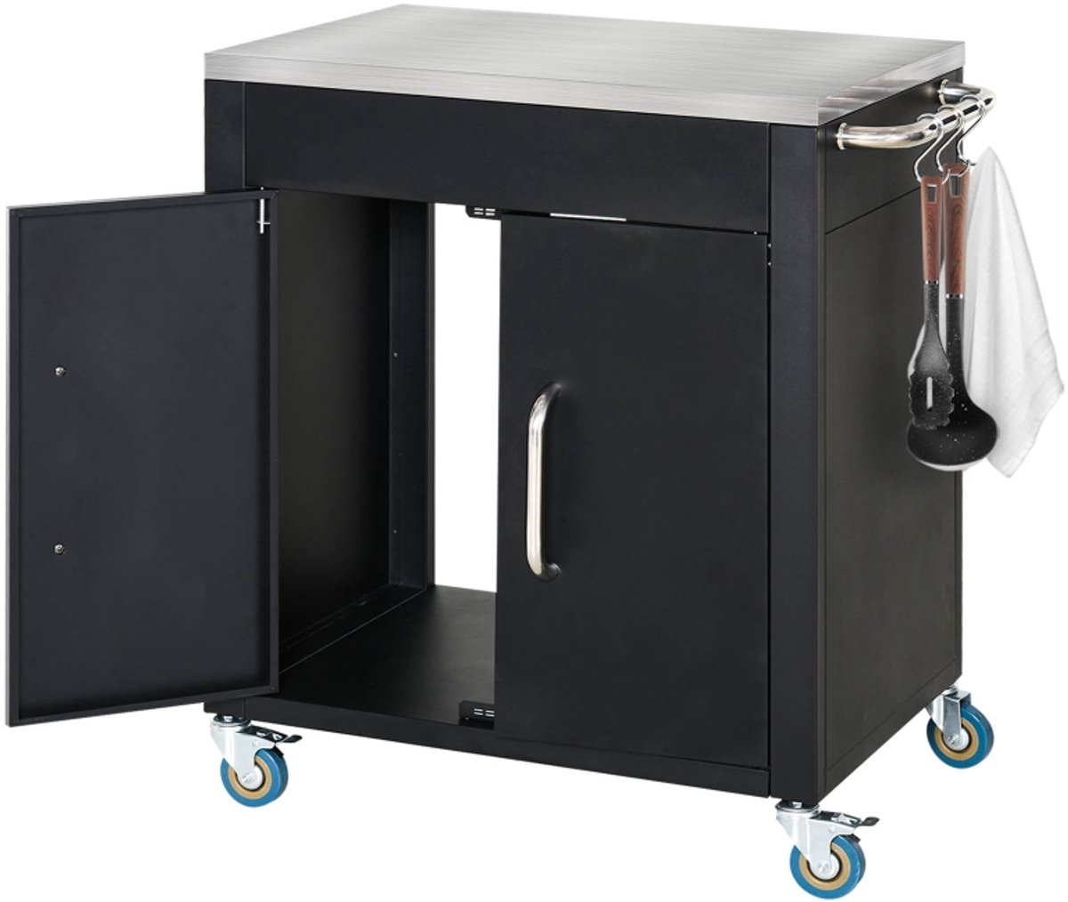 Tuinwagen 86 × 50 × 86,5 cm zwart metaal opbergwagen opbergkast gereedschapskast keukentrolley met wielen haken en handgrepen geschikt voor barbecue buitenkeuken balkon en tuin