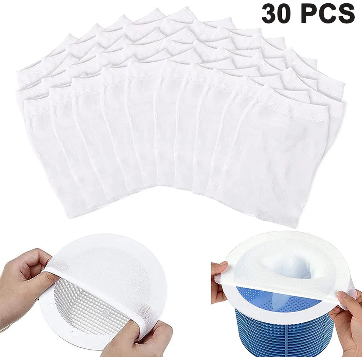 Verpakking van 30 stuks zwembadskimmerfilterzeven, Geschikt voor skimmerfilters, filterbeschermhoezen, zwembadskimmergaas, duurzame elastische nylon skimmerfiltermanden.