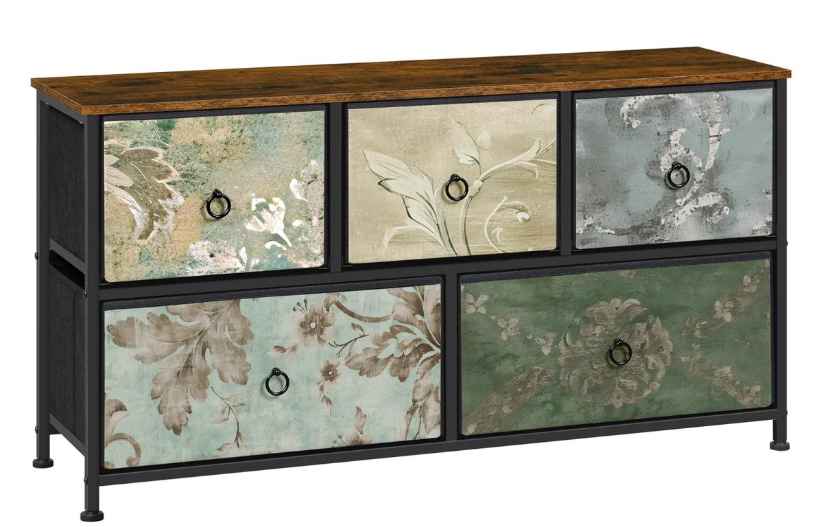 Ladenkast Floral motif - 5 Laden, Opbergruimte, Stof en Metaal - B 80 x D 35 x H 72 cm