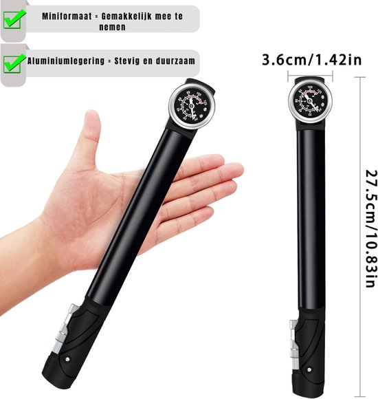 Allvia® Fietspomp met Drukmeter - Fietspomp Klein - Fietspomp Elektrisch - Verlengde Slang,Mini-Fietspomp - met Naaldopblaasfunctie - Zwart - 4cm x 4cm x 28cm — afbeelding 3