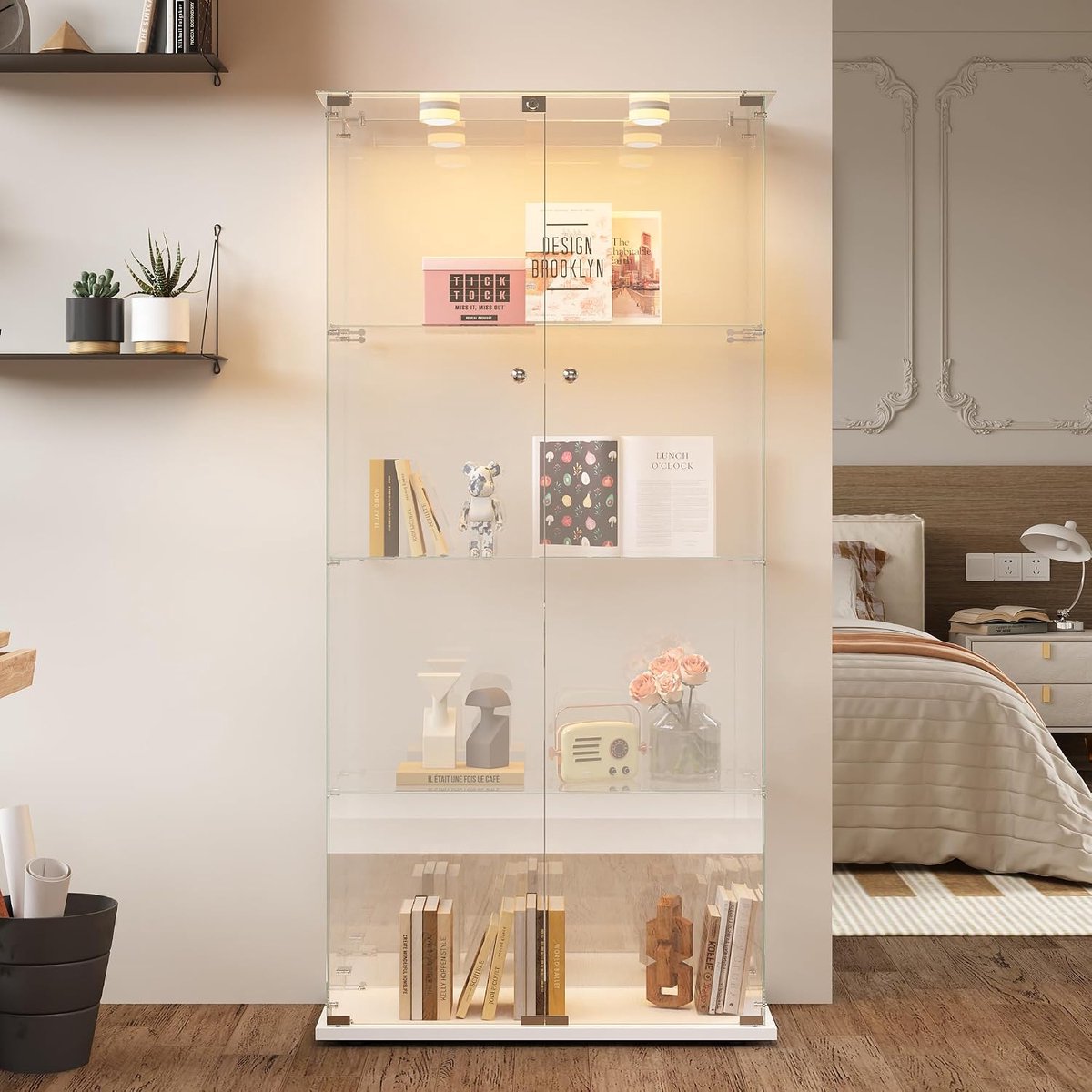 Glazen vitrinekast - staande vitrinekast met ledverlichting - staande glazen vitrine met 3 glazen planken - glazen vitrine met slot - vitrinekast voor woonkamer - kantoor - verzamelstukken - boeken (wit - 2