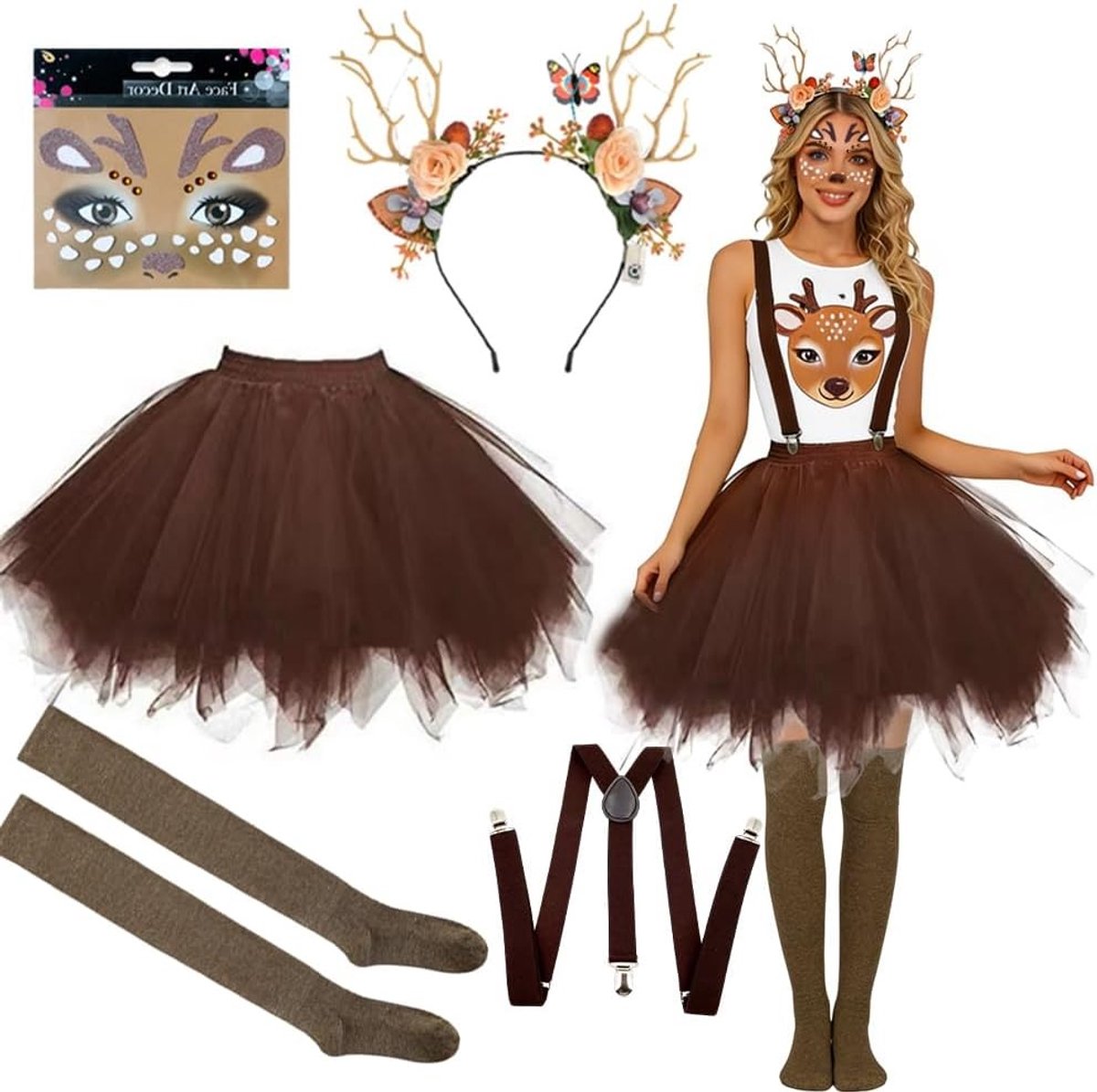Dames Kostuum met Rendier Hoofdband, Gegraveerde Tatoeage en Tutu voor Kerst, Halloween en Carnaval