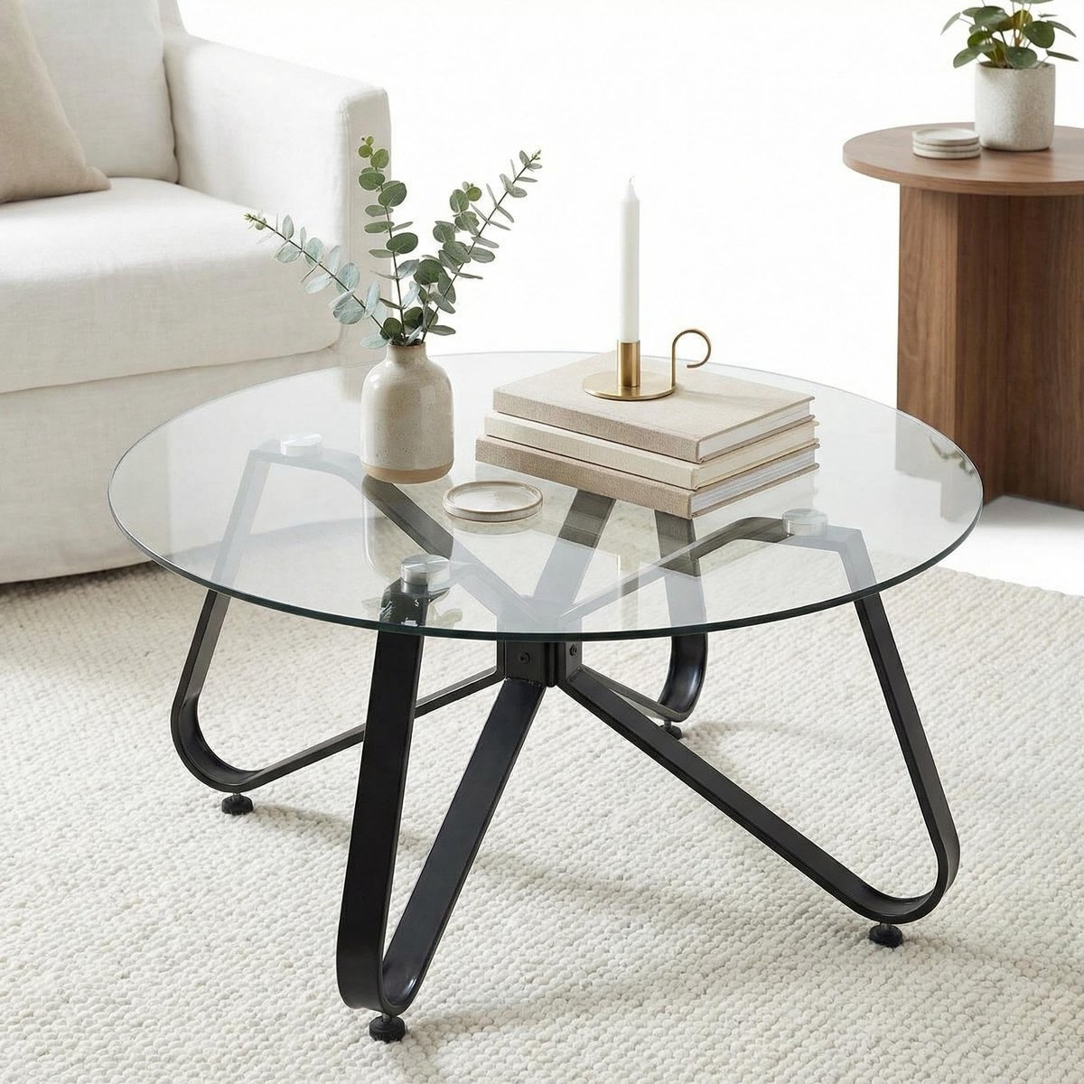 Salontafel Rond – Gehard Glazen Tafelblad – Metalen Frame met Antislip – Zwart – Ø 80 x 39,5 cm