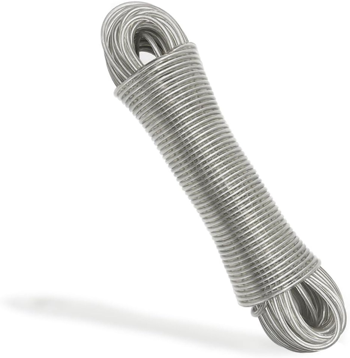 Verstelbare waslijn van 30 meter met stalen kern, 4 mm diameter, geschikt voor binnen en buiten, duurzaam en weerbestendig.