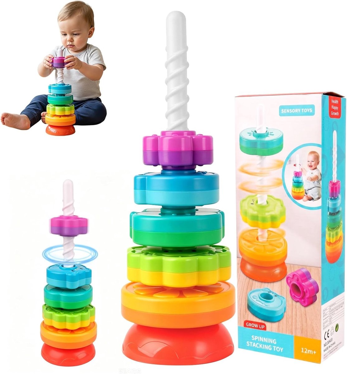 Kleurrijke Spinning Stacking Toys voor Kinderen, Stapelbare Regenboogtoren en Draaitoren, Educatief Speelgoed voor Creatieve Ontwikkeling en Motorische Vaardigheden vanaf 12 maanden