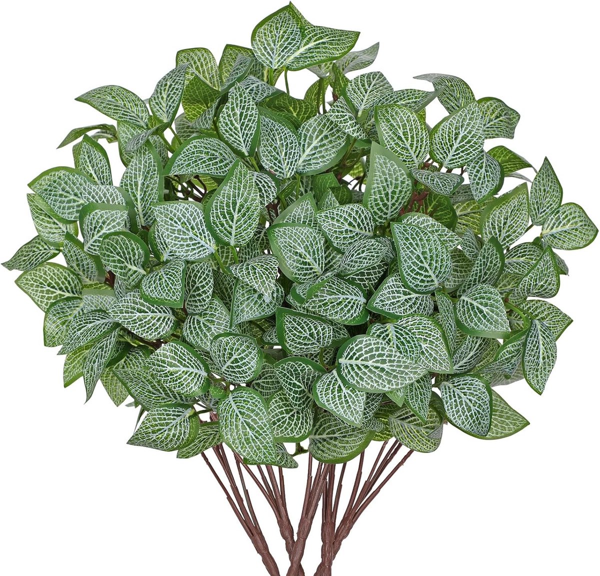 5 Bundels Kunstmatige Groene Plant Stelen met Faux Fittonia Bladeren voor Bloemstukken, Nepplant voor Binnen en Buiten, Perfect voor Tuin en Terras Decoratie