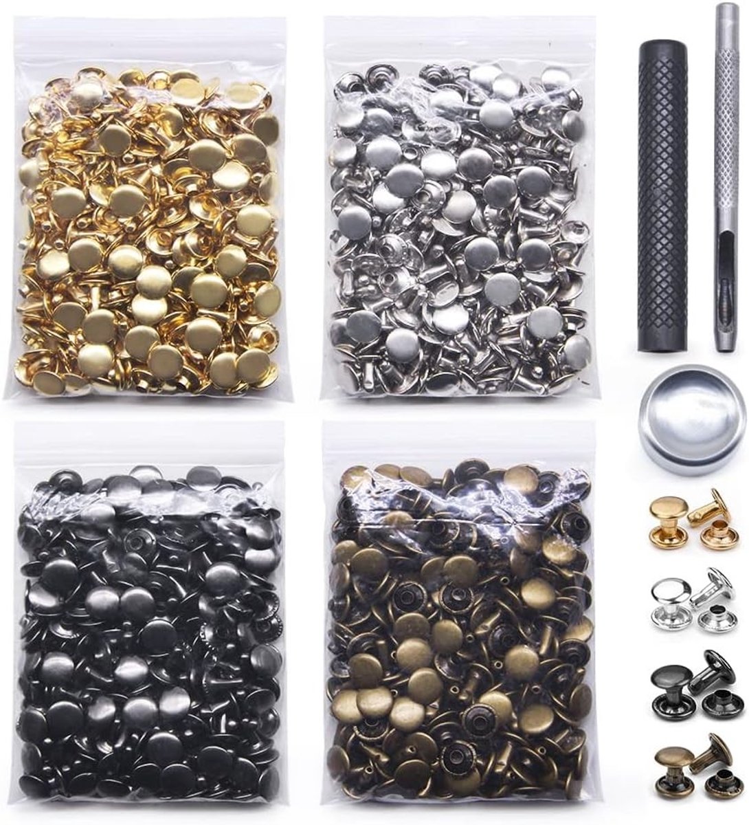 400 Stuks Dubbelkopige Leren Rivetten in 4 Kleuren - Metaal Rivetten voor DIY Projecten, Leren Tassen, Schoenen en Riemen Reparaties en Versieringen 5x9mm