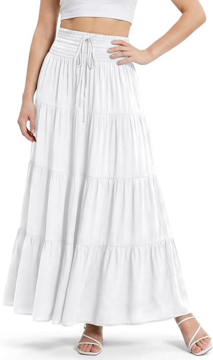 Vloeiende Maxi Rok voor Dames met Elastische Taille en Treksnoer, Casual Boho A-lijn Rok voor Strand en Dagelijks Gebruik