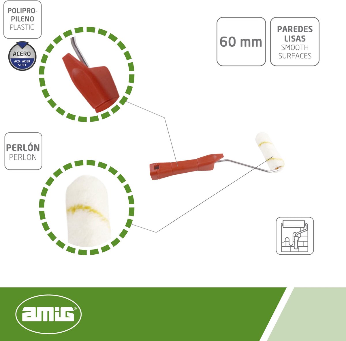 Mini roller 60 mm - Perlon met verzinkte stalen staaf - Glad oppervlak - Perfect voor kunststofverf - ShopVlot