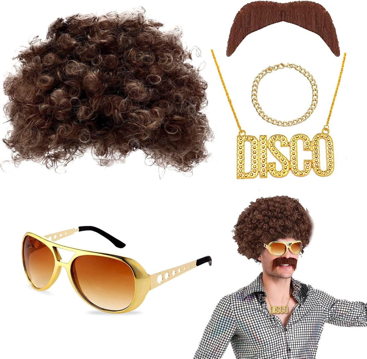 5-delige Disco Hippy Kostuumset met Accessoires, Funky Afro Peruk, 70s 80s Hippy Outfit voor Themafeesten en Verkleedpartijen
