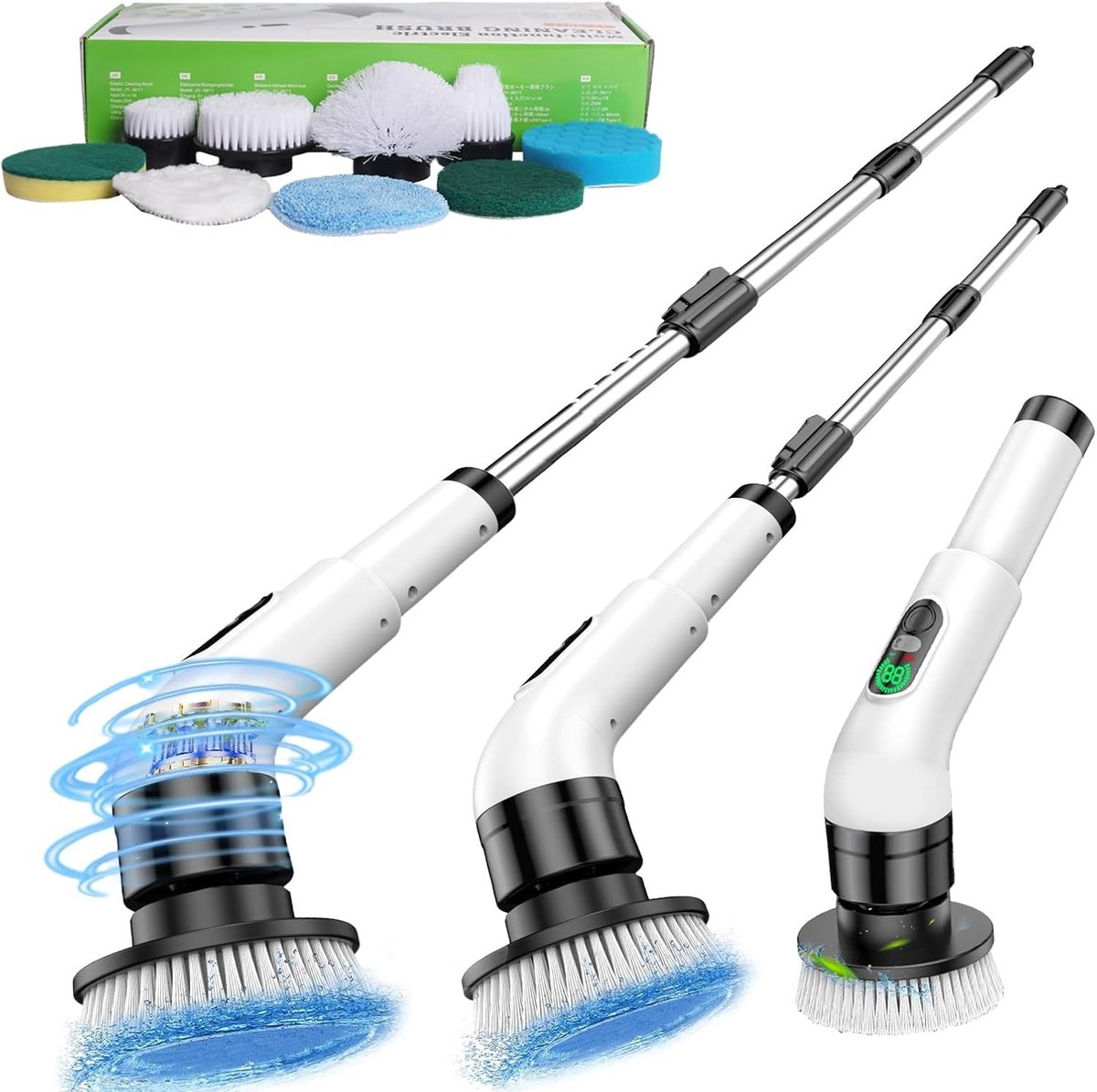 9-in-1 Elektrische Schoonmaakborstel met LCD Display en Verstelbare Handgreep voor Badkamer, Vloer en Huis, Rotating Brush en Telescopische Lengte van 28-127 cm