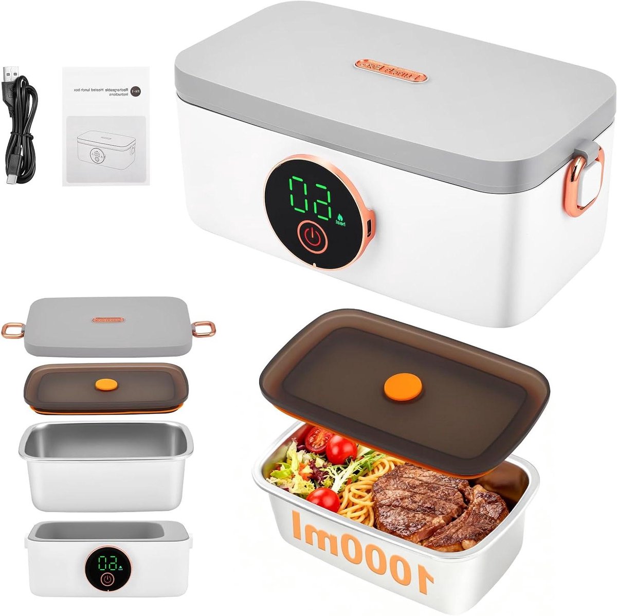 Elektrische lunchbox - Draagbare warmhoudbox - Warme maaltijden onderweg - Echt draadloos verwarmen - 1 liter inhoud - Zwart