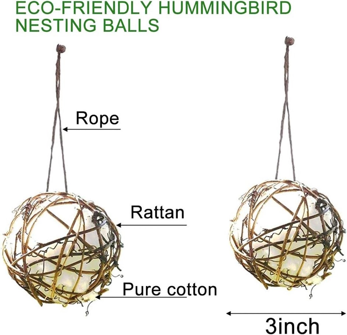 Natuurlijke Nestmateriaal Houder voor Kolibries - 3 Stuks Katoenen Ballen voor Vogels, Nestingmateriaal voor Wren en Vinken