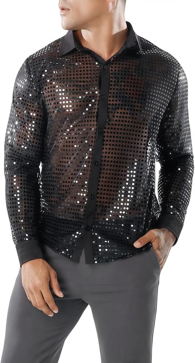 Retro Glanzend Overhemd met Lange Mouwen voor Disco Feestjes - Sequins, Button Down, Perfect voor 70s en 80s Thema's, Dansen en Kerstfeest