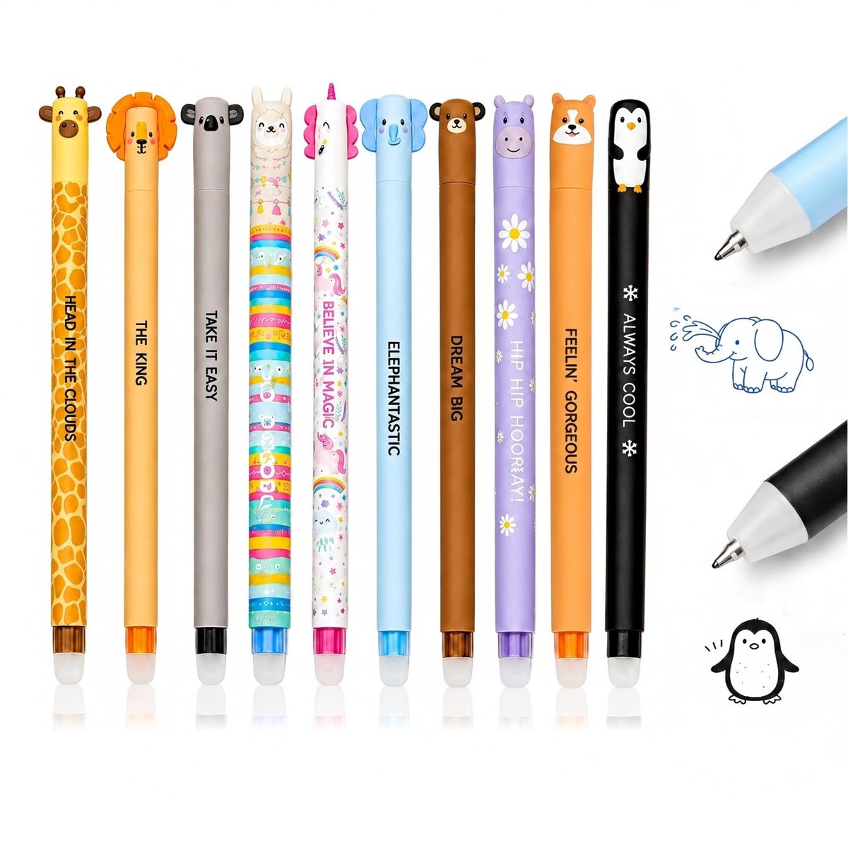 Set van 10 uitwisbare gelpennen 0,7 mm - blauw of zwart - Kawaii-dierenmotieven - ideaal voor school en kantoor - ShopVlot