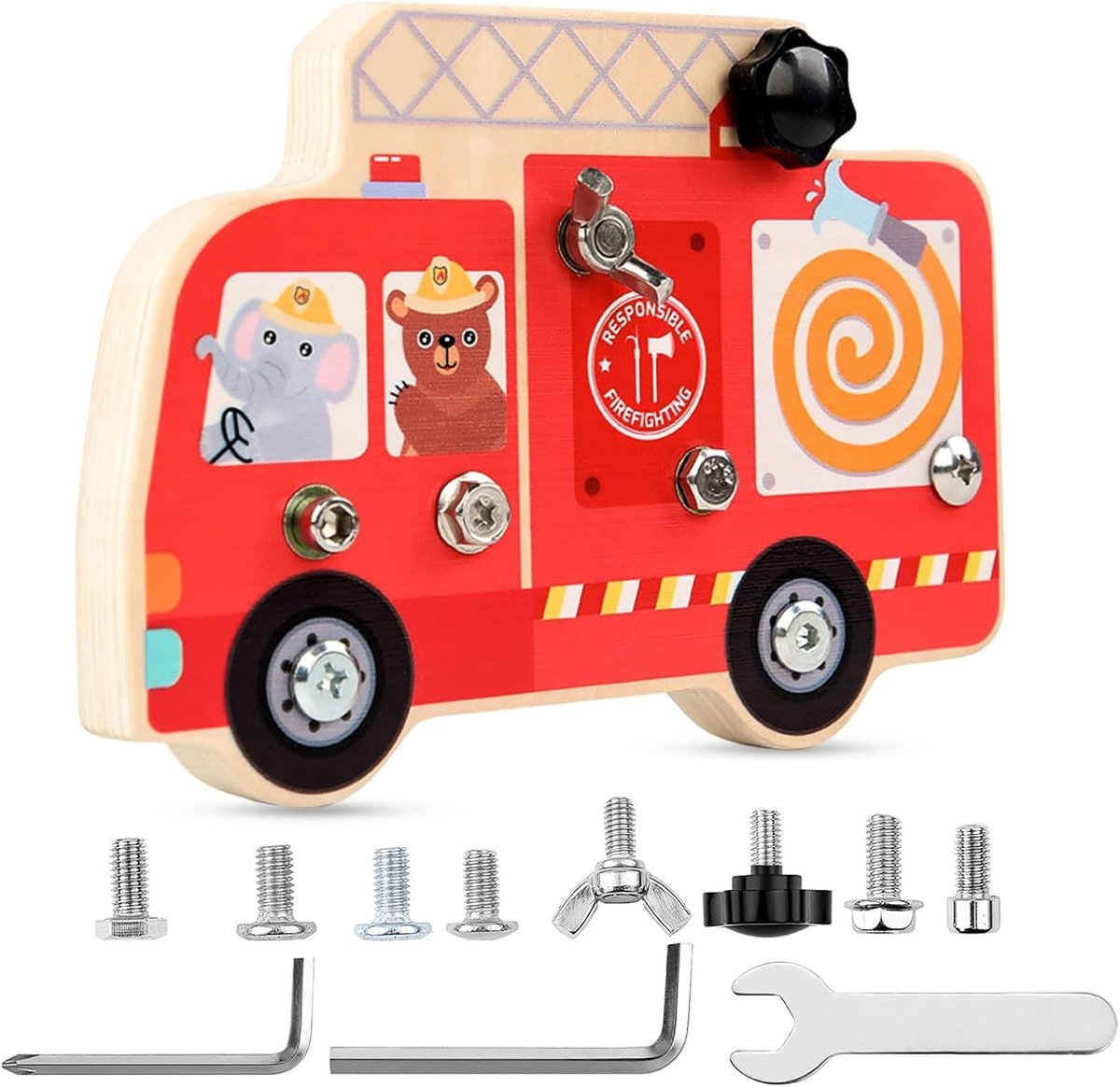 Montessori Houten Schroefbord - Motorische Vaardigheden, Brandweer Speelgoed en Educatieve Zintuiglijke Speelgoed voor Peuters en Kleuters
