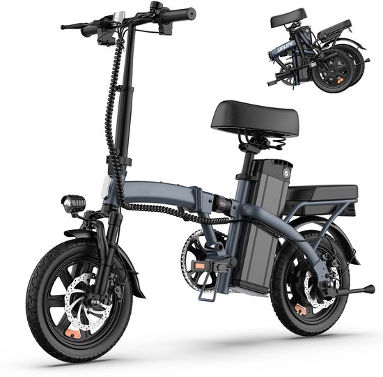 Grijze URlife opvouwbare elektrische fiets met 14-inch wielen, een zwarte zadel en een opvouwbaar frame.