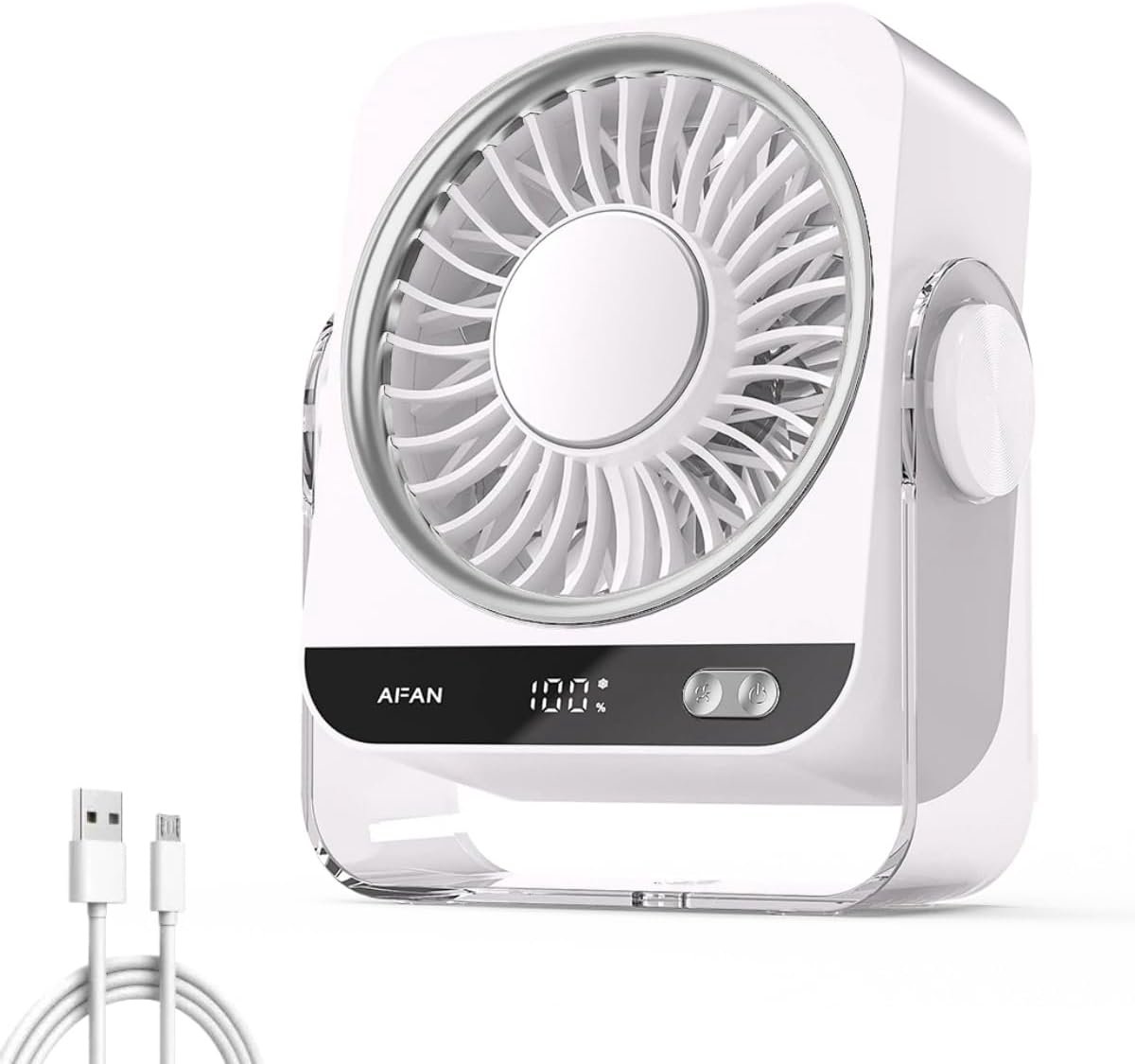 Tafelventilator - USB Draagbare Ventilator - Verkoelende Ventilator - Met Koelfunctie - 5 Snelheidsstanden - Stil in Gebruik - Met Digitaal Display - Krachtige Luchtstroom - Geschikt voor Slaapkamer, Kantoor en Auto - Wit