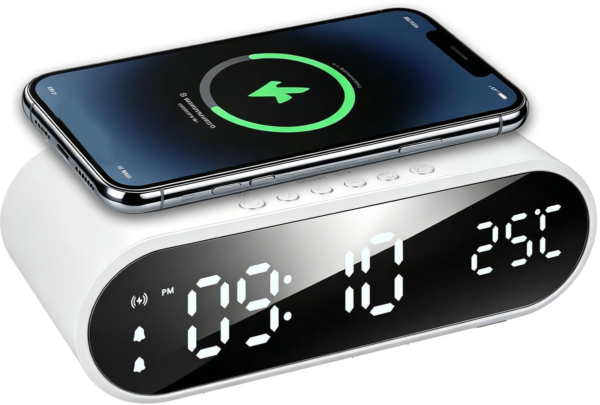Wekker met laadstation - 4-in-1 digitale klok - groot display - draadloze oplader voor smartphone - ShopVlot
