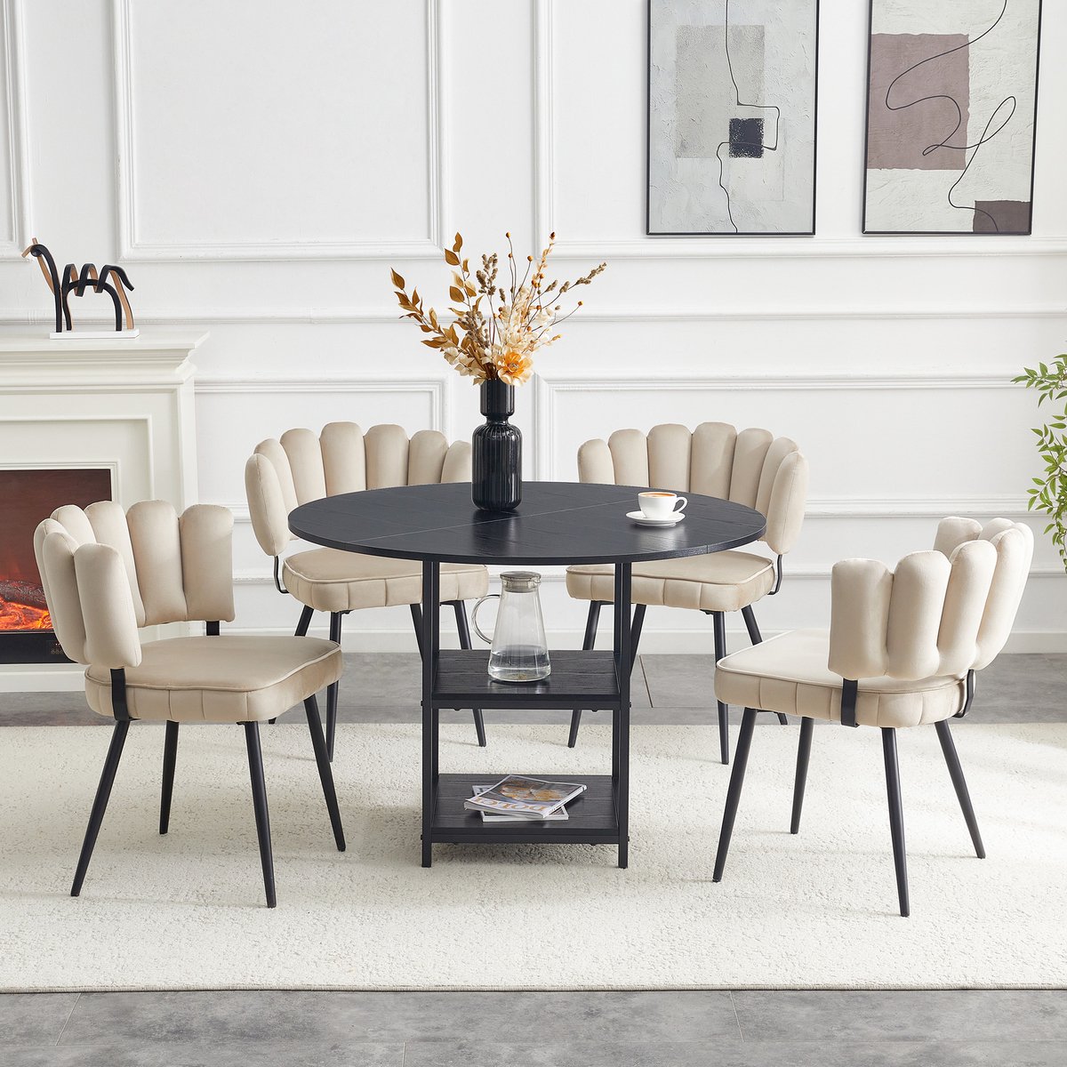 Wishdor Ronde eettafel 107 cm - Set met 4 stoelen - Industrieel - Dubbele opbergplanken - Zwart mdf - Lichtbruine stoffen stoelen