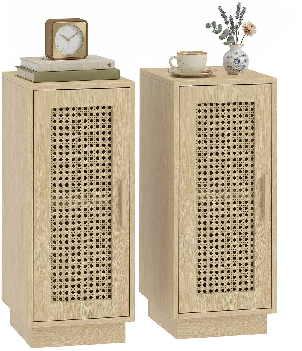 Archi Nachtkastjes Set van 2 – Kastjes - Nachtkastje - Rotan Deur – Verstelbare Plank – Smal Design – 25 x 30 x 60 cm – Naturel