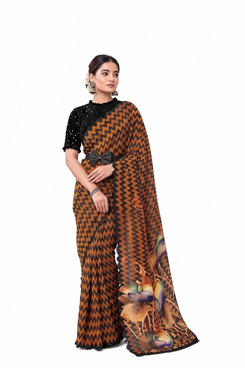 Simhera Threads Women's Printed Saree - Zigzag Pattern with Floral Pallu - Lightweight Fashion Saree - Brown & Black