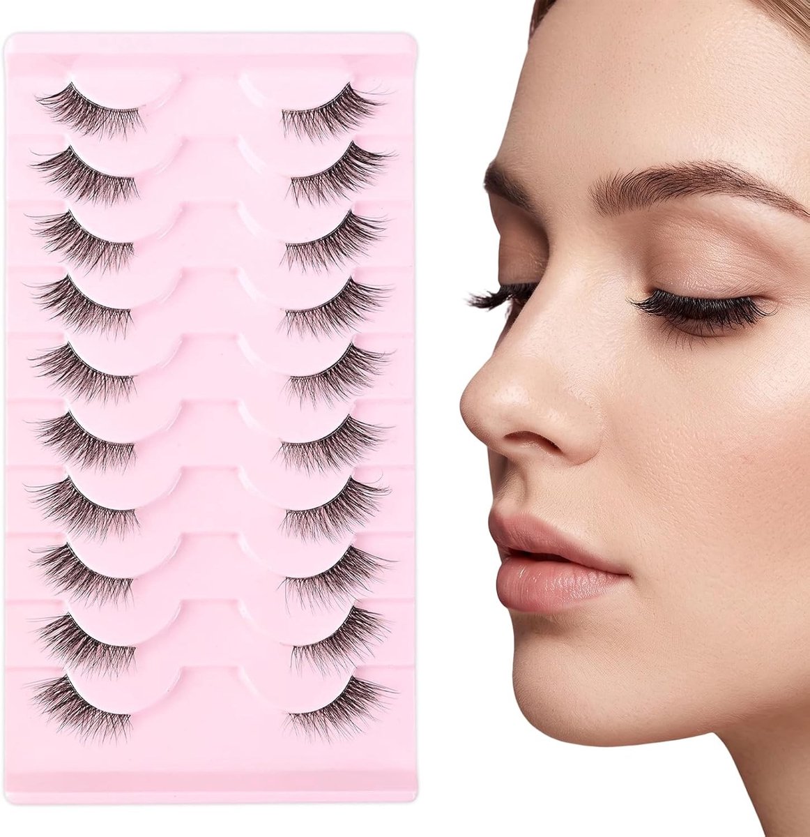10 paar halve wimpers voor een natuurlijke look, herbruikbare kattenoogwimpers, 3/4 valse wimpers, transparante band, zwart, 6-13 mm, perfecte hoekwimpers voor elke gelegenheid