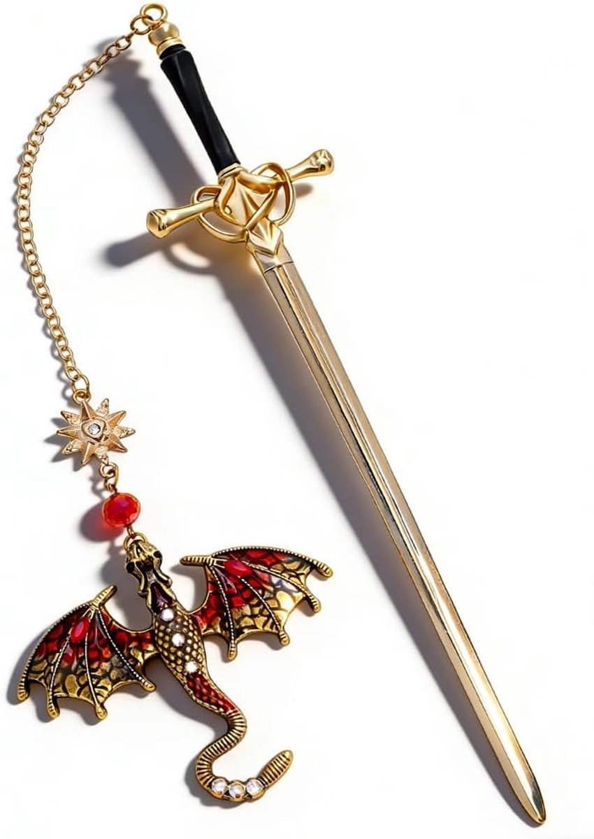 Boekenlegger met rode zwaard en draak, 20,5 cm, perfect als cadeau voor boekenliefhebbers, fantasy fans en speciale gelegenheden