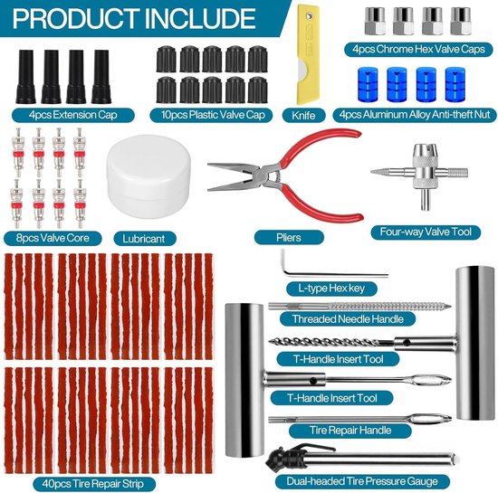 Band Reparatie Set - Tubeless Banden - Noodreparatie Onderweg - 82 Delige Kit - Universeel - Grijs — afbeelding 4