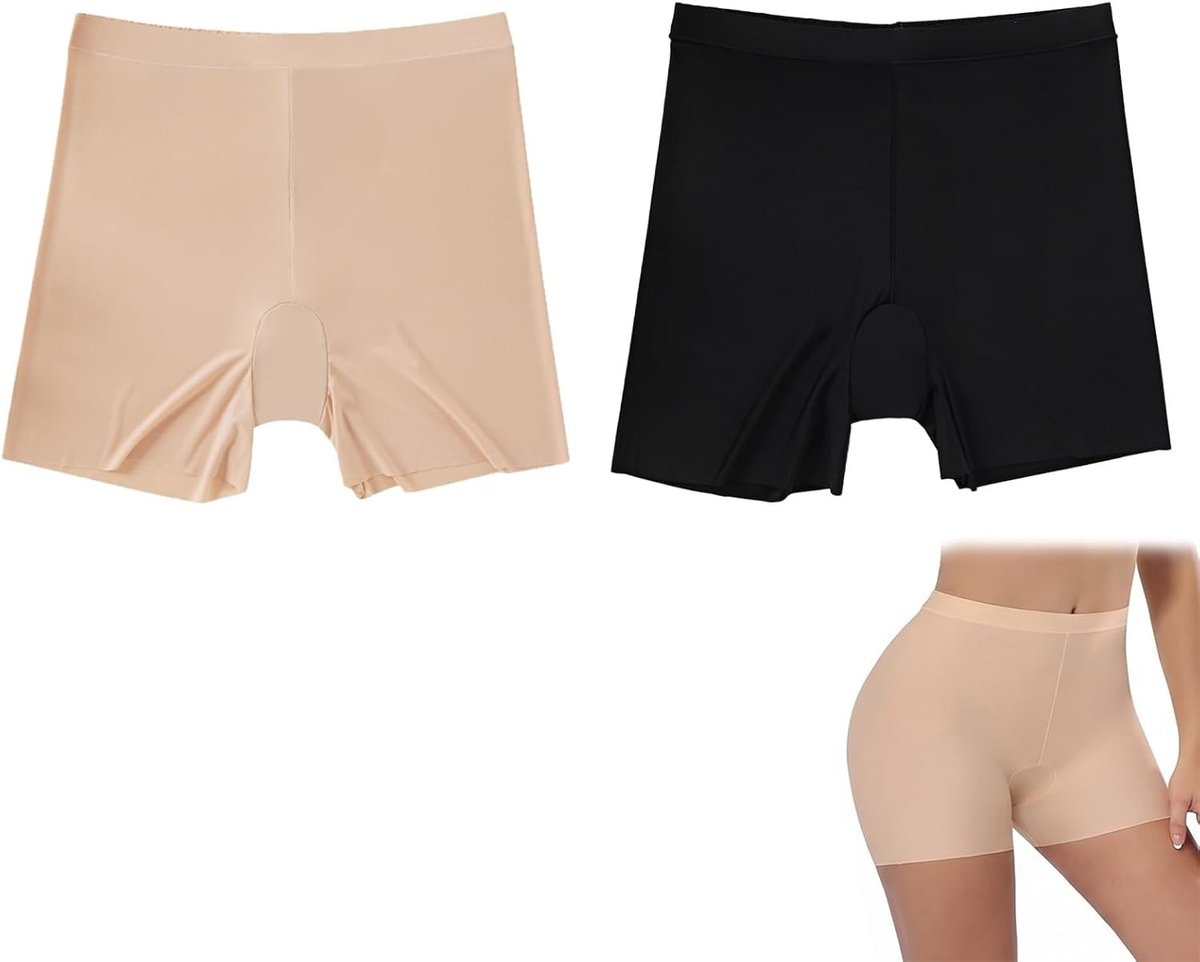 Set van 2 Vrouwelijke Ademend en Rekbare Shorts, Slijtvast en Onzichtbaar voor Onder Jurken, Zwart en Leer, Maat XL